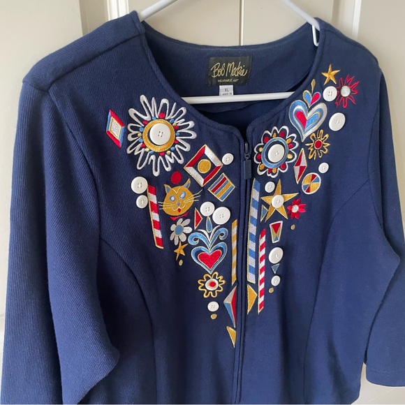 Bob Mackie Wearable Art Jubilation Cat Heart Flower Folk Art Embroidered Jacket - Picture 2 of 10